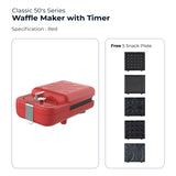 Red Electrova Classic 50's Series waffle maker with timer and five interchangeable baking plates for waffles, donuts, sandwiches, cake pops and taiyaki fish-shaped pastry molds