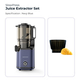 Electrova SlowPress Juice Extractor Set in navy blue with included sorbet maker attachment for fresh juice and healthy frozen desserts