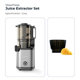 Electrova SlowPress Juice Extractor Set in grey with included sorbet maker attachment for fresh juice and healthy frozen desserts