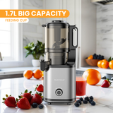 Electrova SlowPress Juice Extractor with 1.7L large-capacity feeding cup for convenient batch juicing of fruits and vegetables