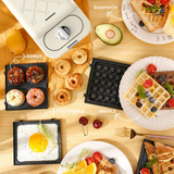 Electrova 4-in-1 waffle maker preparing waffles, donuts, sandwiches and egg waffles using interchangeable baking plates