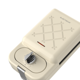 Close-up of Electrova Classic 50's Series waffle maker highlighting timer control, indicator lights and premium finish