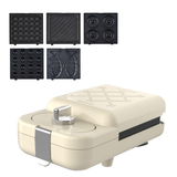 Electrova Beige waffle maker set with five interchangeable baking plates including waffle, donut, sandwich, cake pop and taiyaki fish-shaped pastry molds