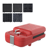 Electrova Red waffle maker set with five interchangeable baking plates including waffle, donut, sandwich, cake pop and taiyaki fish-shaped pastry molds