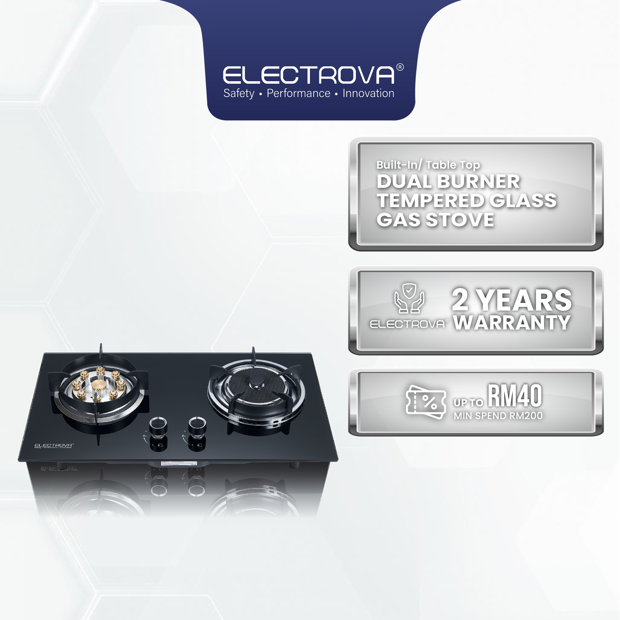 Electrova Double Burner Tempered Glass Gas Stove (Built-in/Table Top)