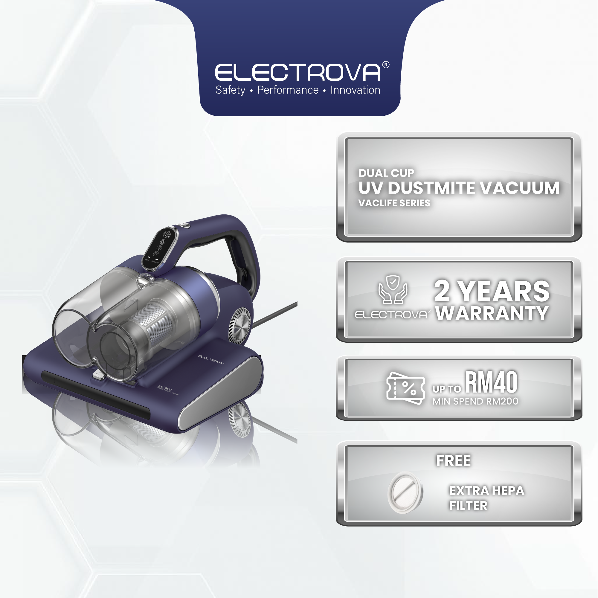 Electrova Vaclife Series Dual-Cup with Ultrasonic UV Mite Remover Vacuum Cleaner Model eSonic
