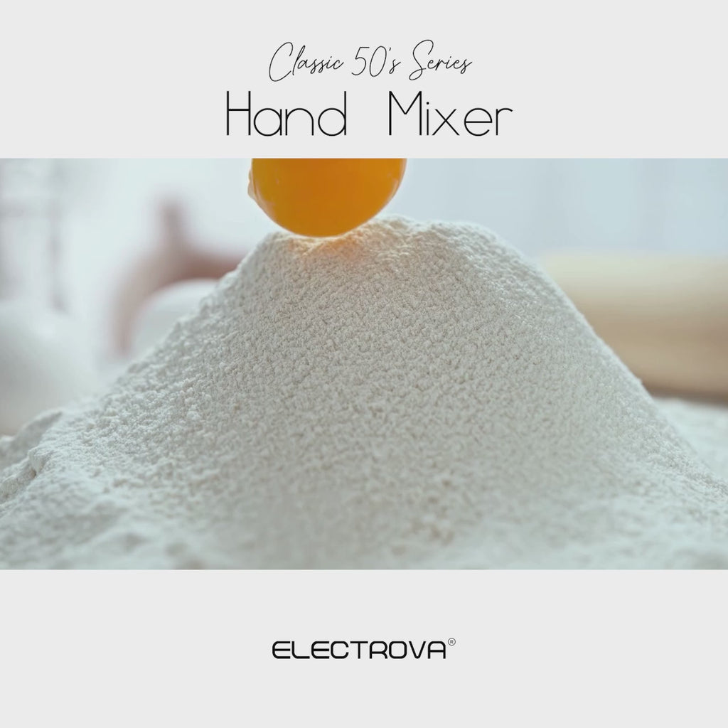 Electrova Classic 50's Series Hand Mixer video demonstrating powerful mixing performance, turbo function and stainless steel beaters
