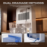 Electrova portable dehumidifier featuring water tank collection and external drainage hose options for convenient operation